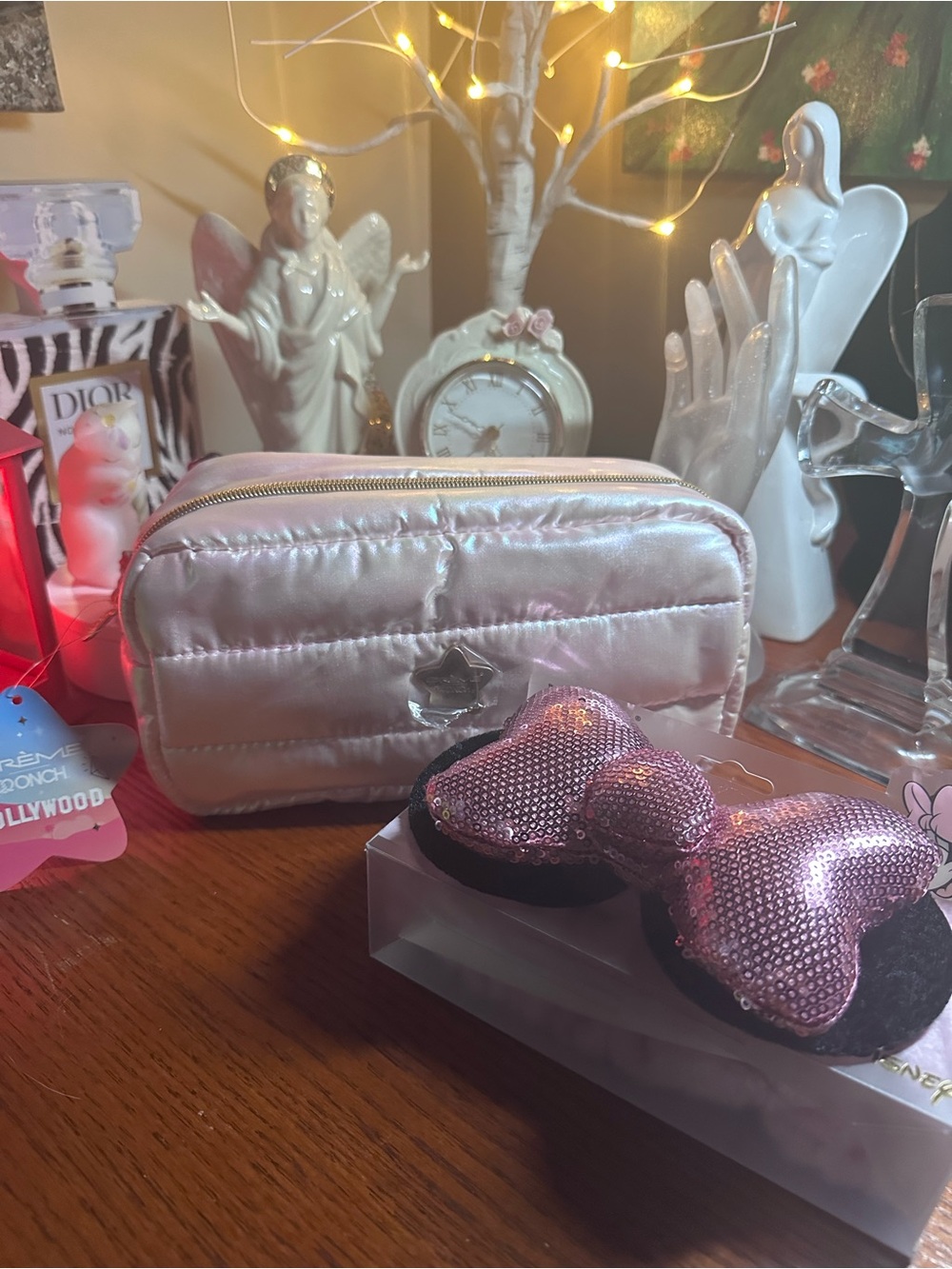 The Crème Shop Shimmery Light Pink Quilted Cosmetic Pouch plus Disney Head Band.